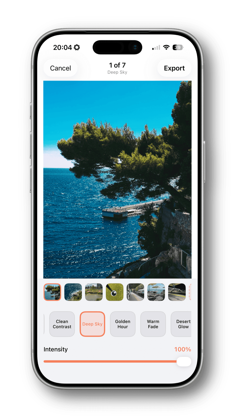 RAWCraft's Edit screen on an iPhone: a coastal ProRAW photo with the Deep Sky look applied at 100% intensity