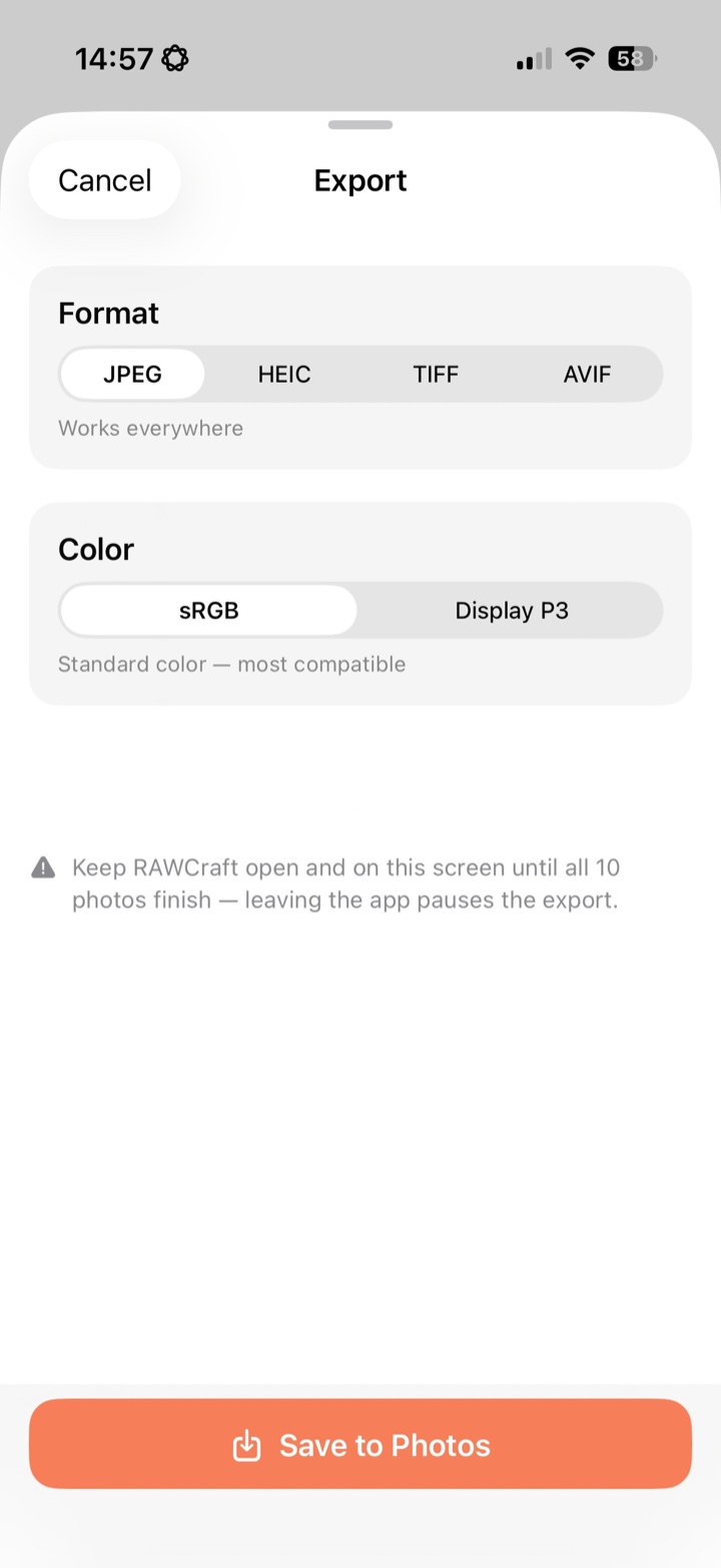 RAWCraft's export options: format and color space, applied across your selected photos.